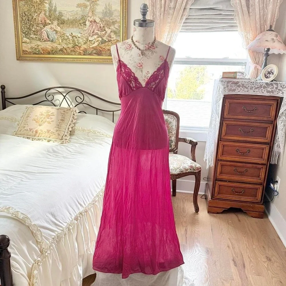pink lace slip dress  Y2K Fantasy‎ Nightwear hot pink lace slip dress size large